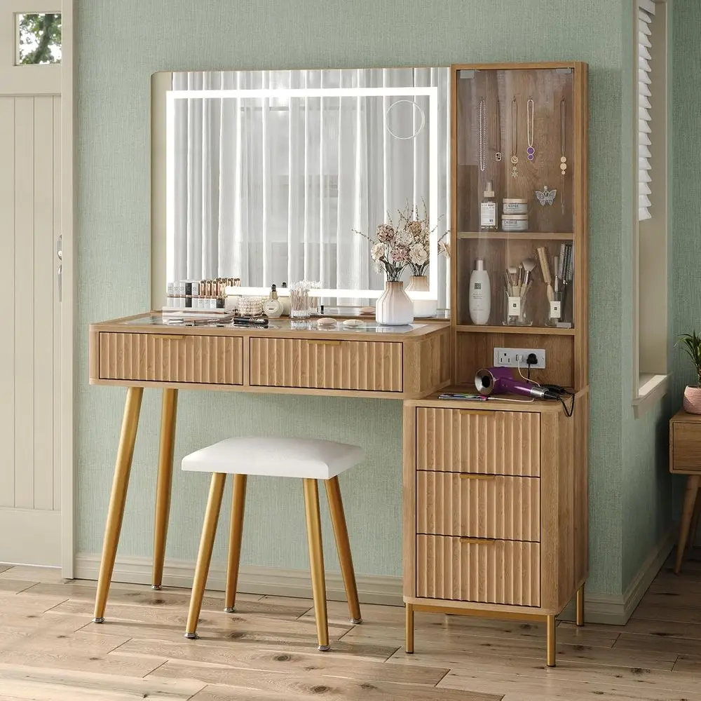 

47 LED-lit Makeup Vanity Desk with 5 Drawers, Charging Station, Storage Cabinet, 3 Lighting Modes, and Chair for Bedroom in Natu