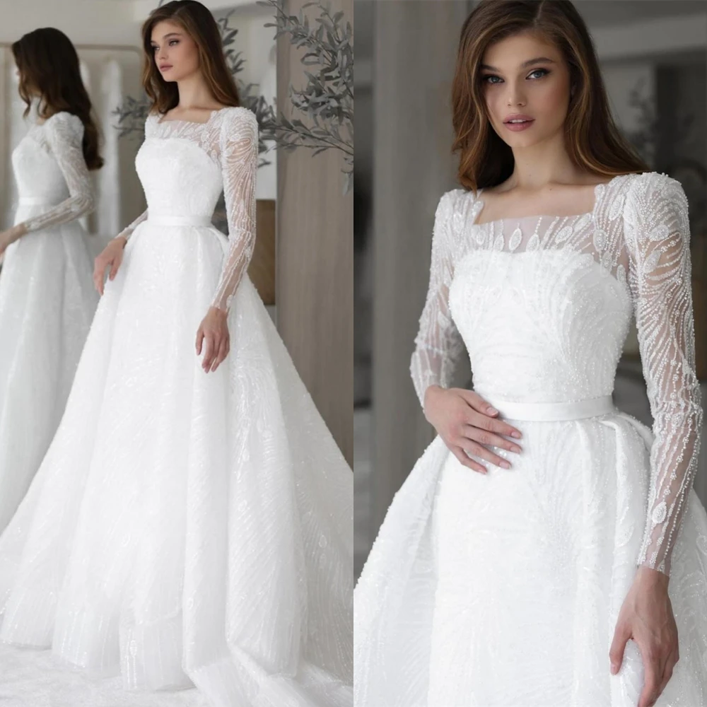 

Customized Organza Long Sleeves Wedding Dresses Sparkly Pure White Bridal Gowns Classic Square Collar A-Line Vestido De Novia