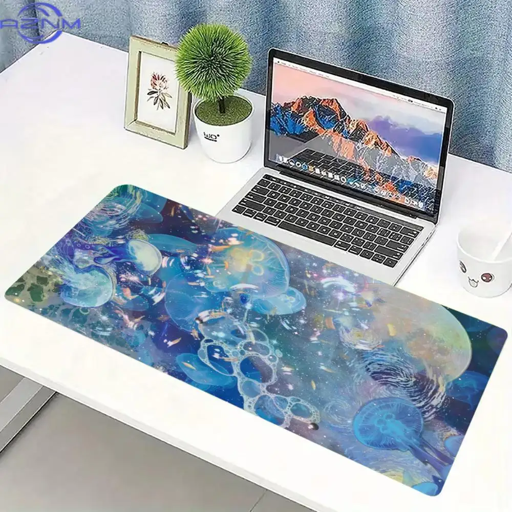 Dreamy Jellyfish Extended Desk Mat Non Slip Rubber Base Stitched Edge Gaming Keyboard Table Mat For Laptop Office Daily Use