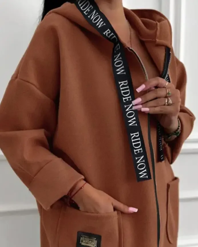 Fashion Zip Up Pocket Design Letter Tape Trim Hoodie for Women 2025 Autumn New Style Women's Long Sleeve Casual Coat