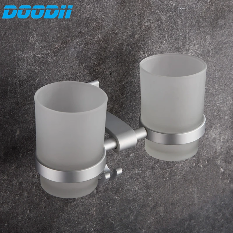 DooDii 1 Set High Quality Wall-mount Space Aluminum Cup holder Glass Cups Bathroom Accessories Double Toothbrush holder