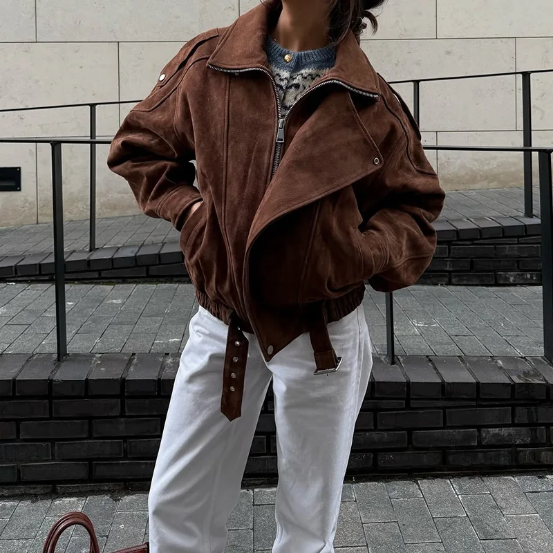 Vintage-Jacke aus massivem Kunstwildleder mit Reißverschluss für Damen, modisch, elastische Taille, Taschen, Reverskragen, locker geschnittener Mantel, Damen-Alltags-Street-Outfit. – Detail 33