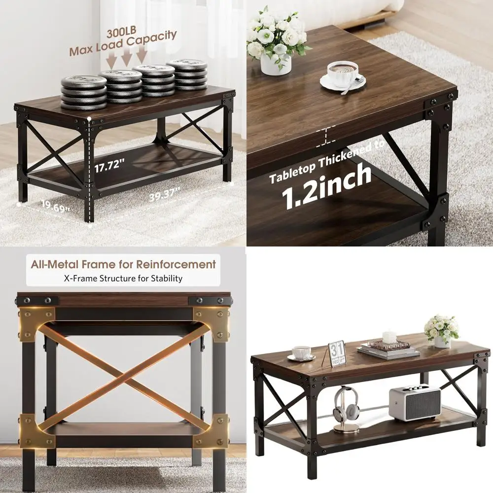 

Modern Dark Brown 2-Tier Walnut Coffee Table, 40 Long with Metal Frame and Thickened Top