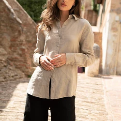 100% Linen Fashion Woman Blouse 2023 Casual Solid Long Sleeve Tops Chic Button Up Women'S Shirt Blusa Feminina