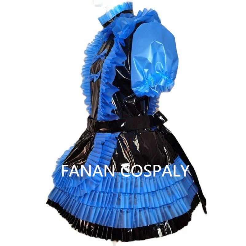 Adult Giant Baby Sexy Girl Blue Thin Semi Transparent PVC Girly Dress with Black Stitching Maid Role-playing Gothic Lockable