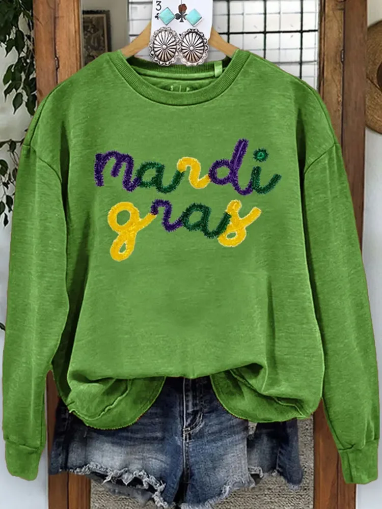 Mardi Gras Thread Embroidered Casual Sweatshirt  Green Long Sleeve Crew Neck Women Sweatshirts.