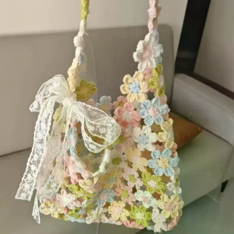 Handgewebte Tasche Häkel-DIY-Material Taschen-Innenfutter-Material Sommer-Garten-Blumentasche Blumen-Woll-Handwebtasche Häkeln