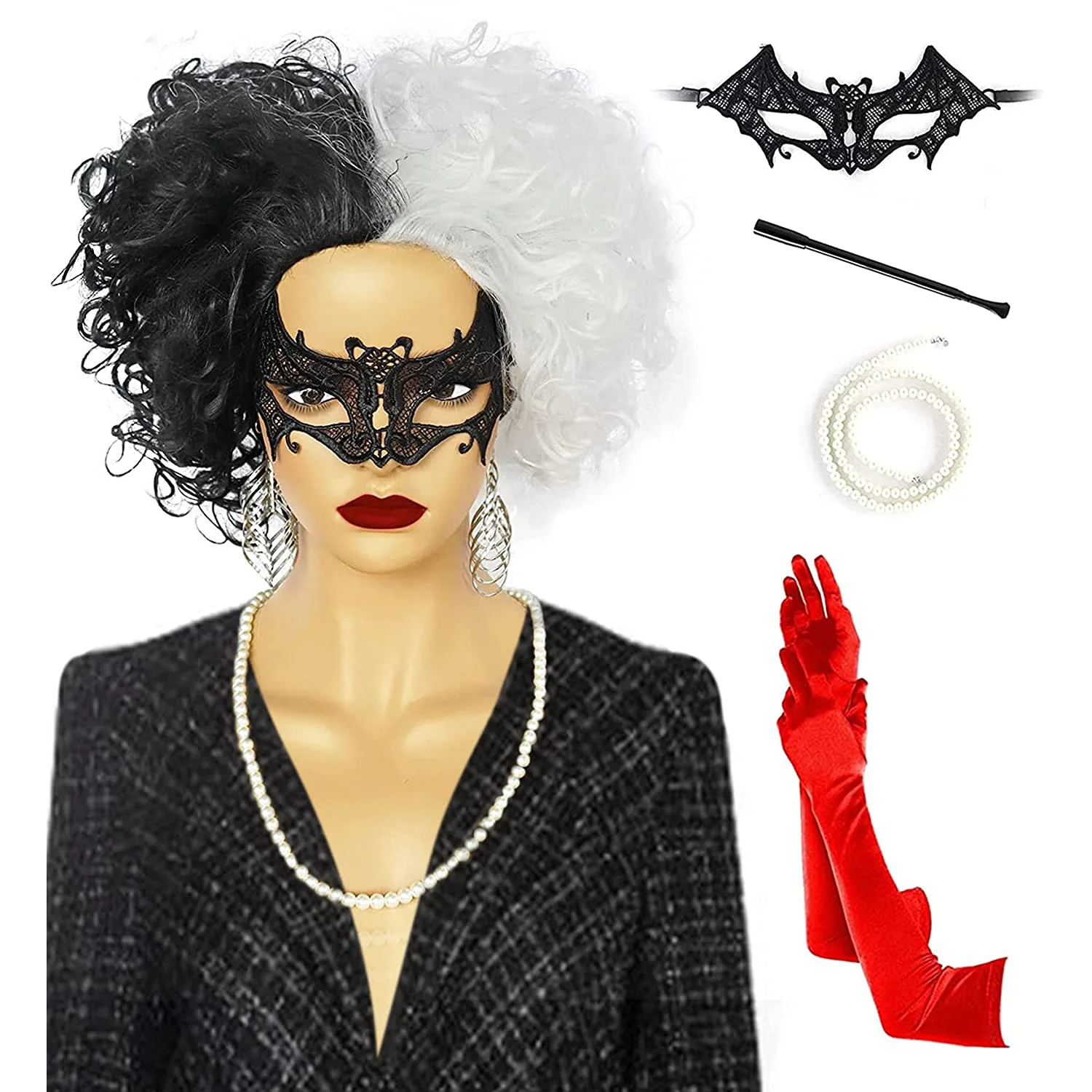 

Halloween Cruella Deville Black and White Wig for Women Cruella Costume Wig for 1920s Party Heat Resistant Synthetic Wig