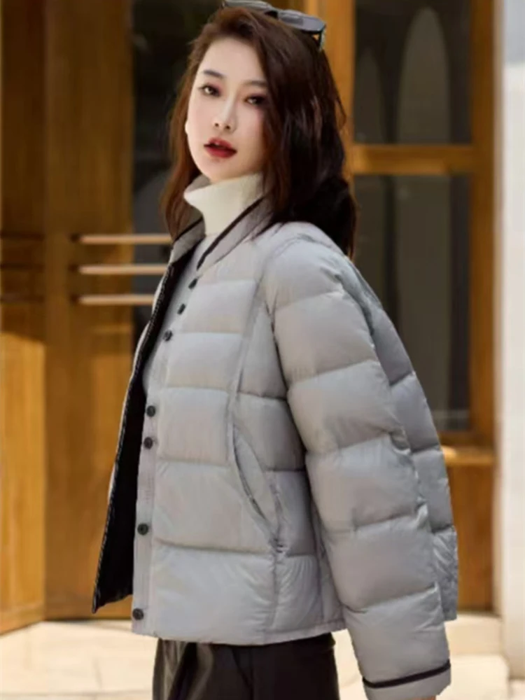 Winter White Duck Down Warm Parker Outwears Women Solid Fluffy Puff Stand Collar Down Jacket Female Casual Color Blocking Jacket
