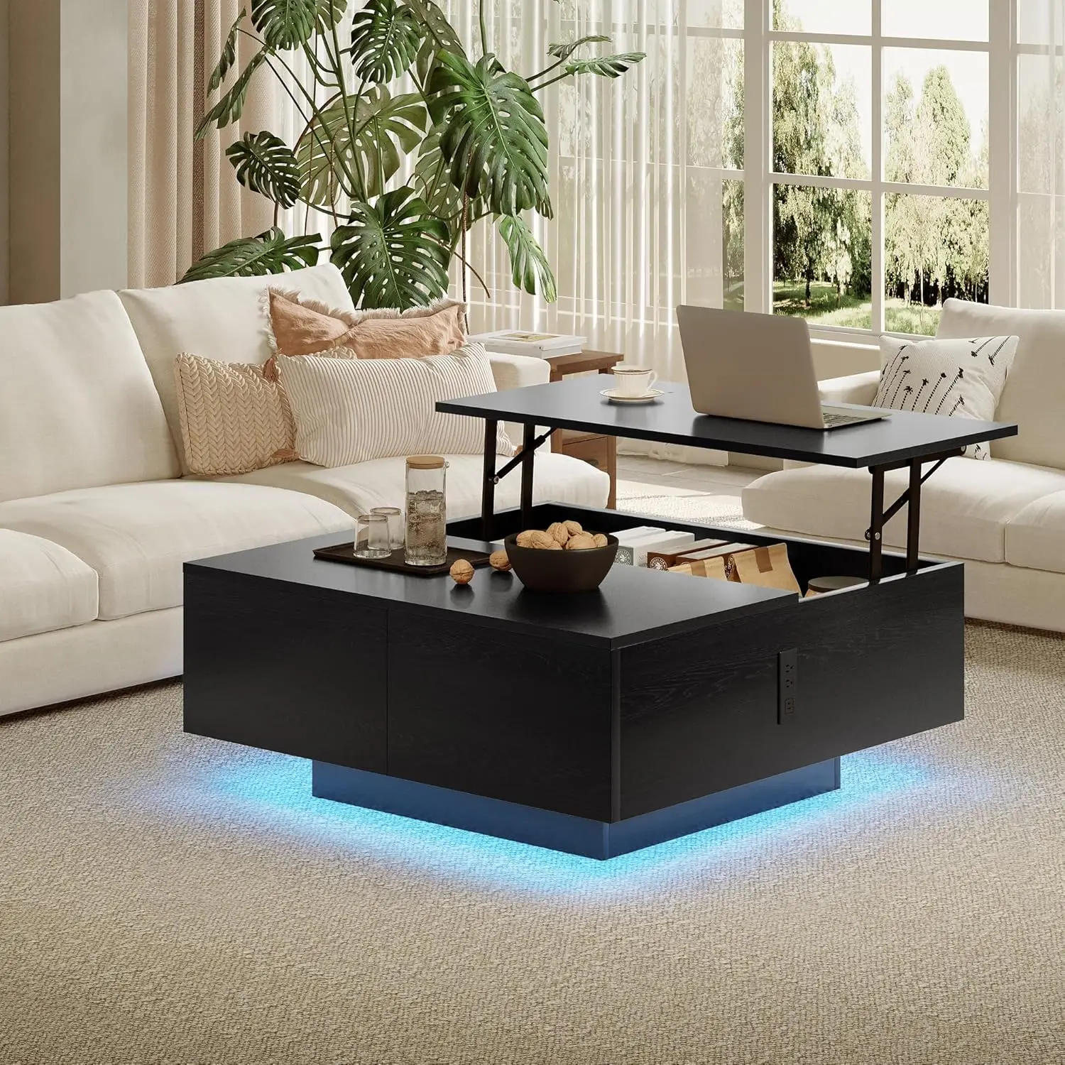 

Square Lift Top Coffee Table, 31.5" Wooden Coffee Table with 2 Drawers & Hidden Storage, LED Lights & Charging, Customized