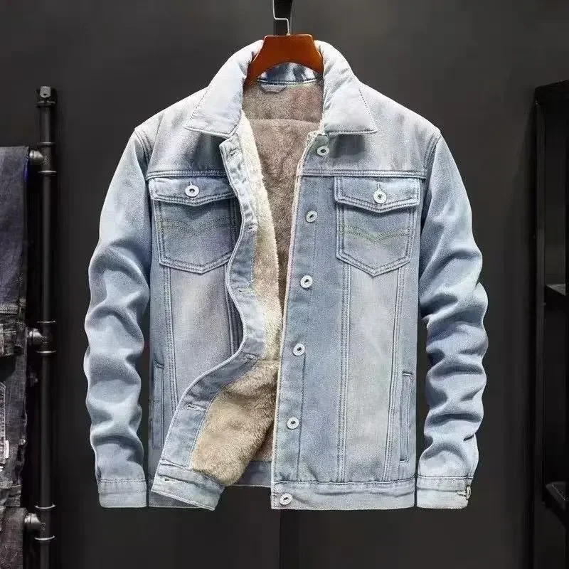 

New Autumn Winter Men Coat Thick Denim Jackets Turn Down Collar Lamb Wool Coats Full Sleeve Casual Splice Single Breasted Jacket