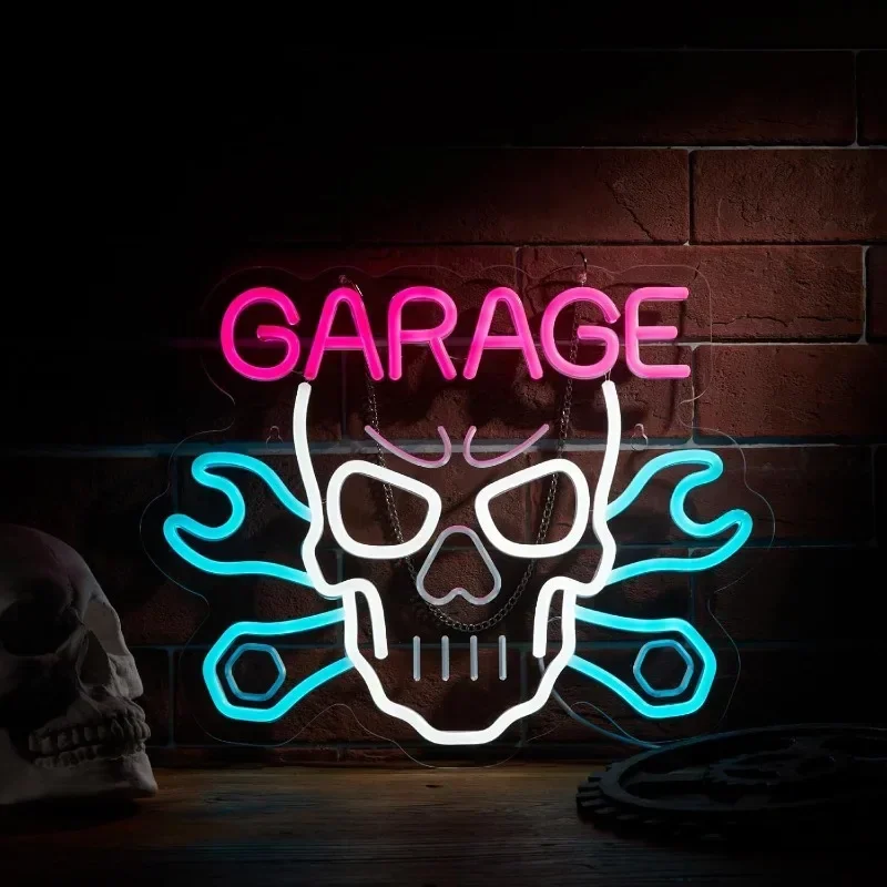 

Skull Garage Neon Sign LED Wall Art for Man Cave, Motorcycle Shop Decor Bar Lighting Dimmable USB Powered Rome Decorate