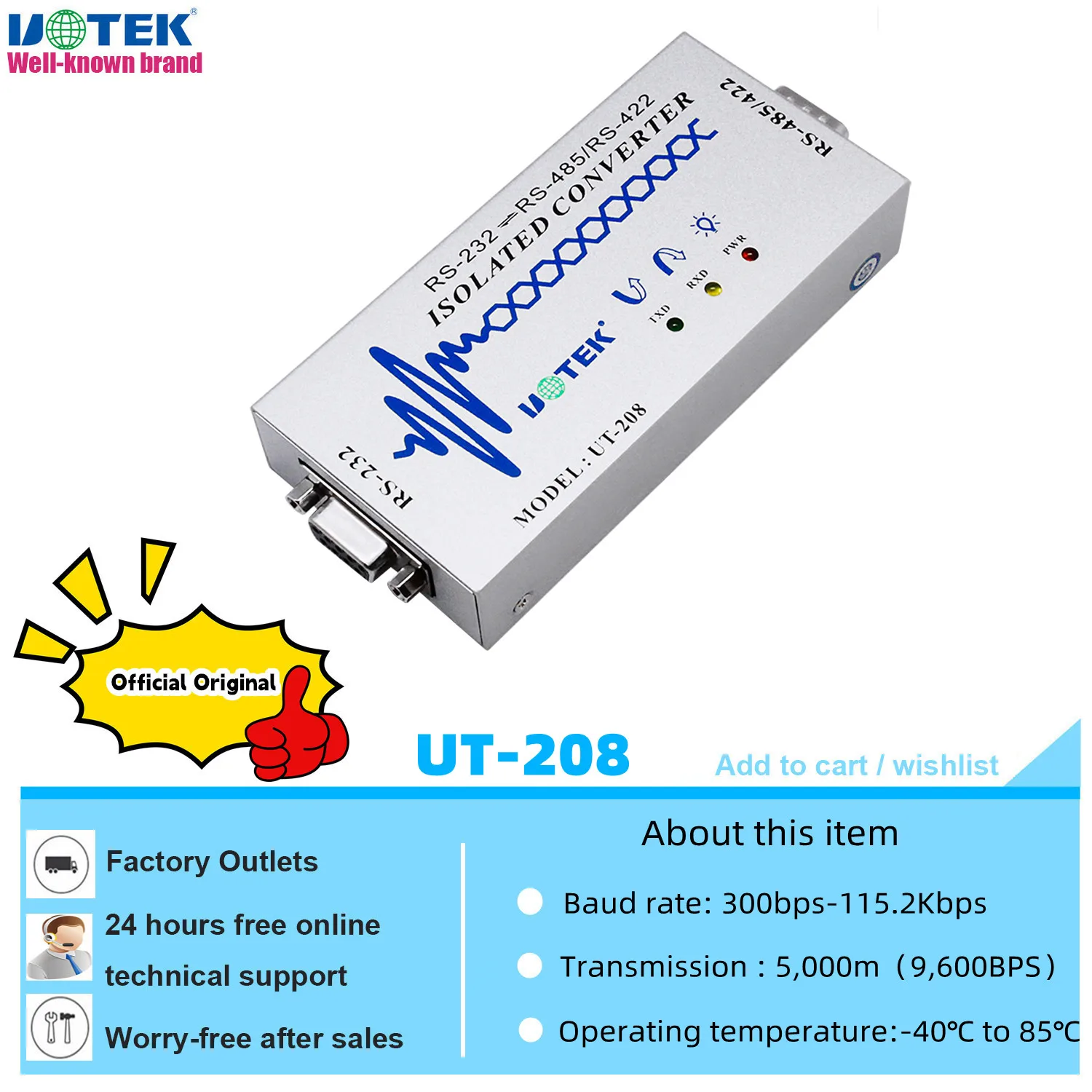 

UOTEK RS-232 to RS-485 RS-422 Adapter Industrial DB9 RS232 to RS485 Converter RS422 Connector Isolation ESD Anti-Surge UT-208