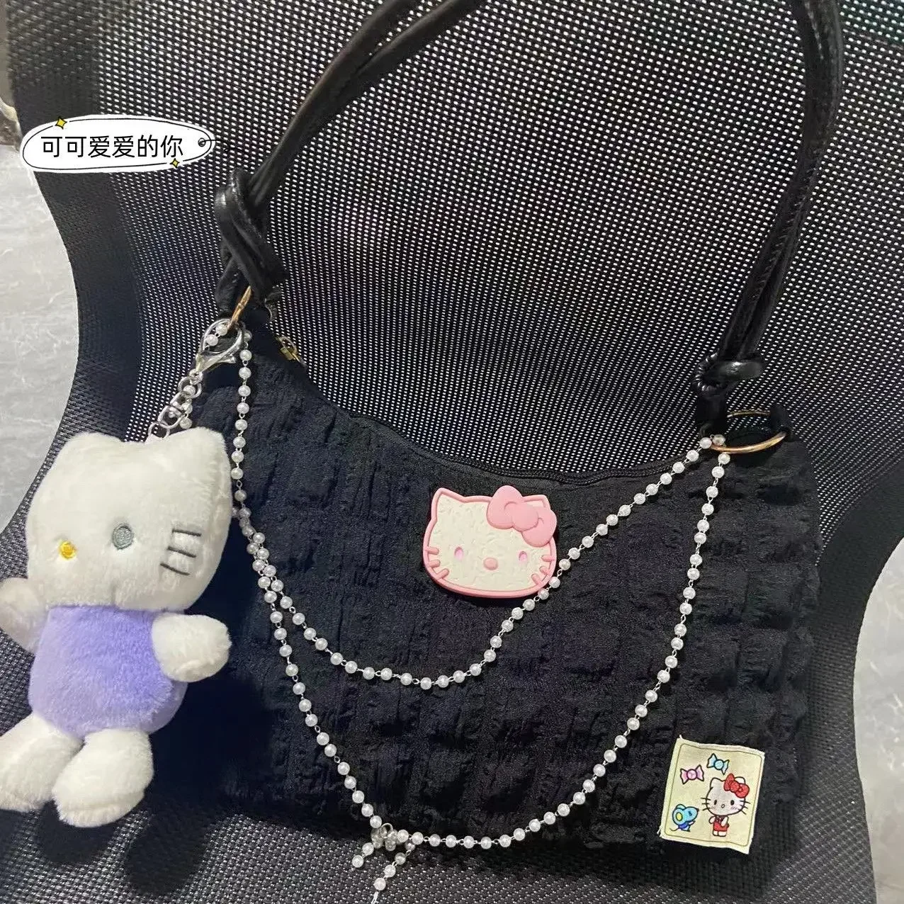 Sanurgente-Sac sous les bras Hello Kitty pour fille, sac à bandoulière de couleur contrastée, sac à main à chaîne de perles, sac fourre-tout, mode
