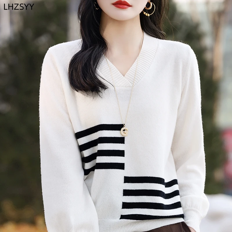 LHZSYY 100%Merino Woollen Sweater Ladies Fashion Bubble Sleeves Pullover Loose New Collision Color Blouse Jacket Knit Base Shirt