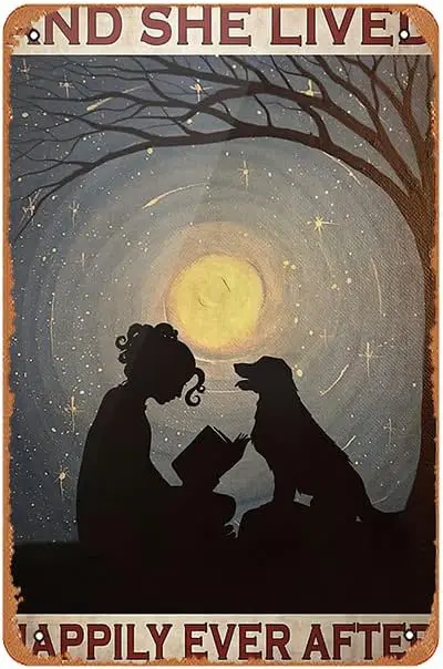 Ysirseu Retro Metal Tin Signs Girl Reading With Dog And She Lived Happily Ever After Poster Framed Matte Canvas Poster Home