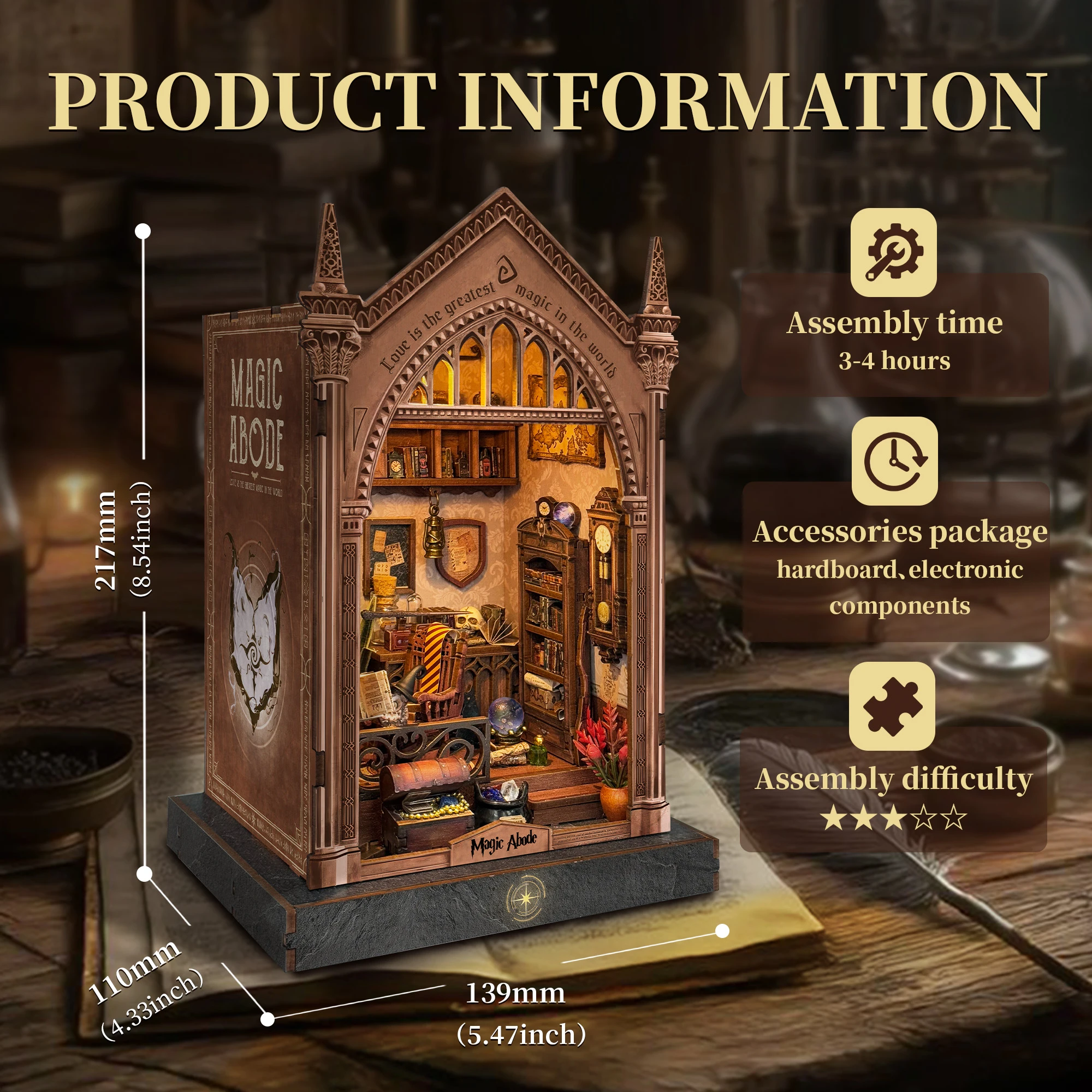 DIY Buchecke Holz Miniatur Modellbausätze Magic Abode Buchstütze 3D Puzzle mit Licht Bücherregal für Freund Geburtstagsgeschenke