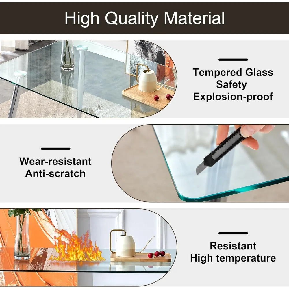 Glass Dining Table Set for 4, Modern Kitchen Table and Chairs Set for 4, 51" Glass Dining Room Table Set with PU Leather Chairs