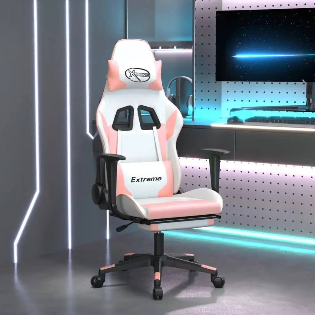 Stylish White & Faux Leather Gaming Chair with Adjustable Footrest for Comfort