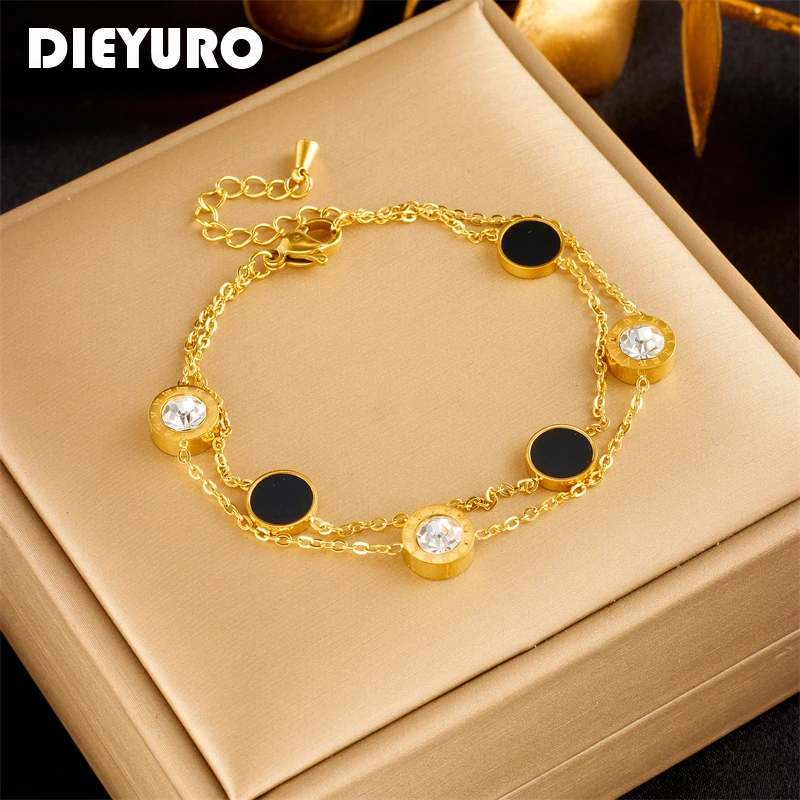 

DIEYURO 316L Stainless Steel Roman Numeral Zircon Charm Bracelet For Women Girls High Quality 2in1 Chain Bangles Jewelry Gifts