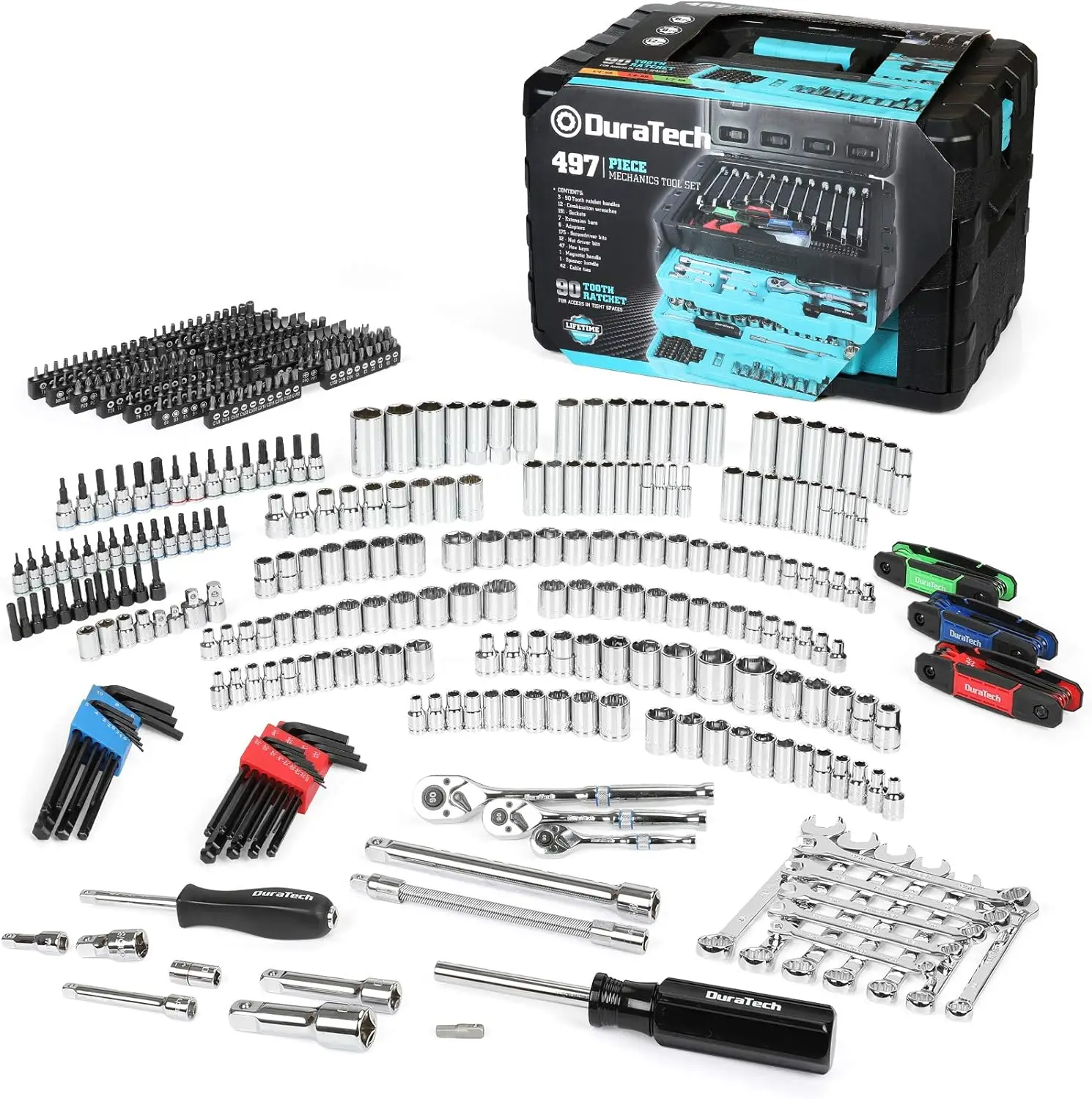 DURATECH-49-Piece Conjunto de Ferramentas Mecânicas, Inclui SAE ou Metric Sockets, 90-Tooth Ratchet e Wrench Set, 3 Gaveta Caixa de Ferramentas