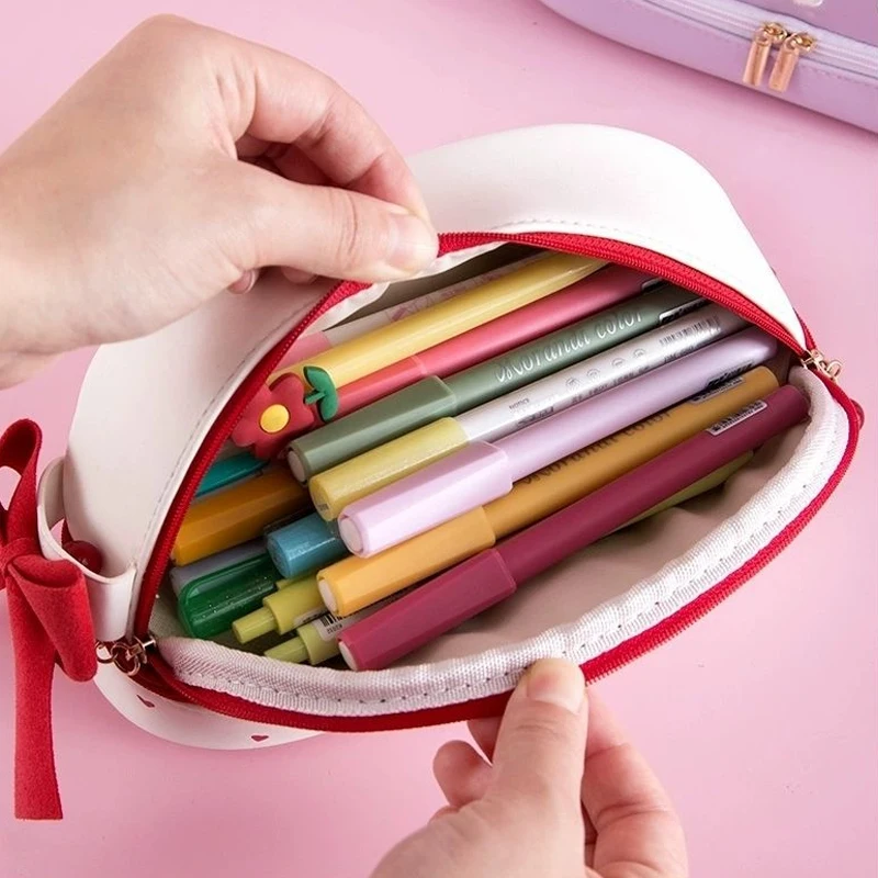 Cute Heart Strawberry Pencil Case Large Capacity Kawaii Pencil Bag Stationery Items School Supplies Pen Holder for Kids Gifts