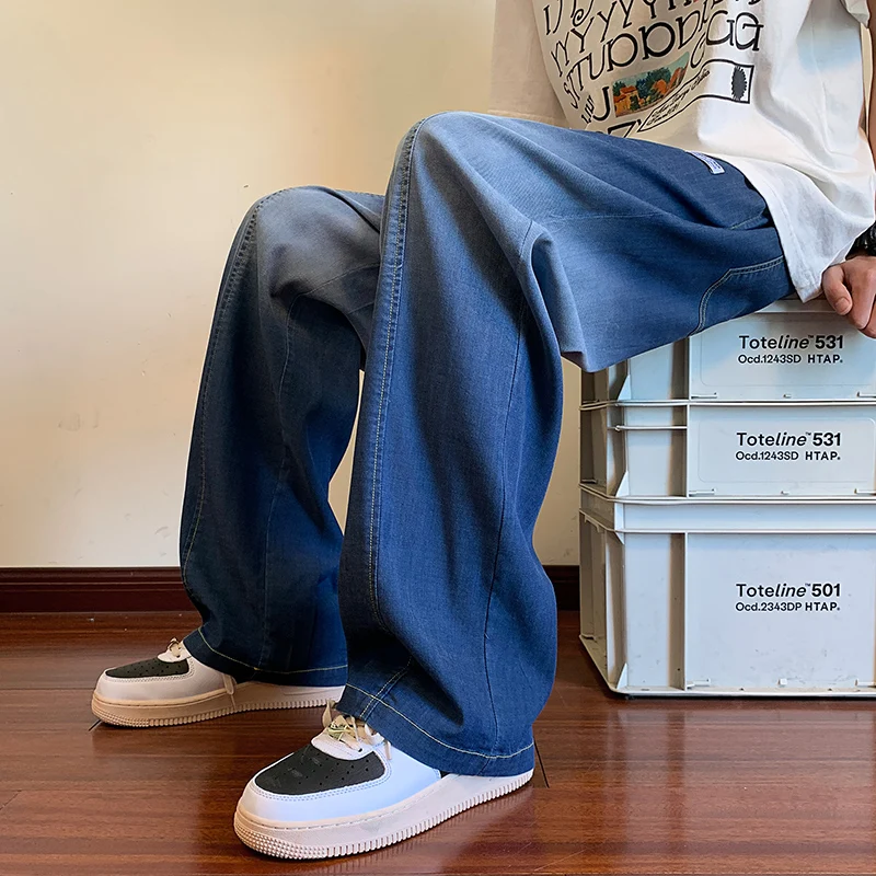 

Мужские летние тонкие джинсы из ледяного шелка с широкими штанинами и прямым кроем, градиентного цвета, в американском уличном стиле, свободного кроя, повседневные брюки