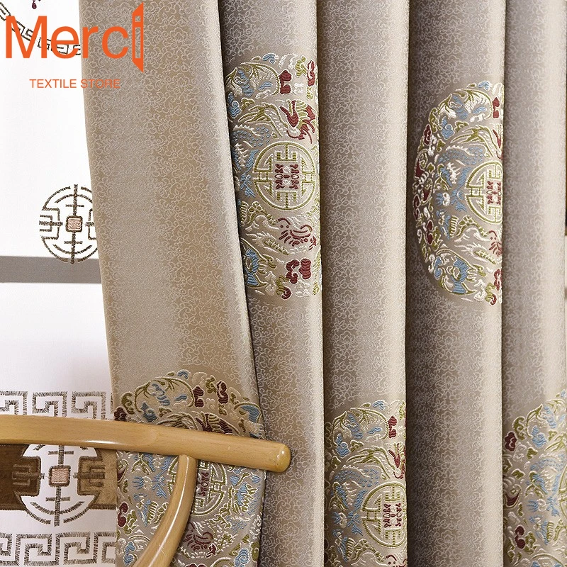 Chinese Style Curtains for Living Dining Room Bedroom Classical Jacquard Blackout High Precision Finished Product Customization