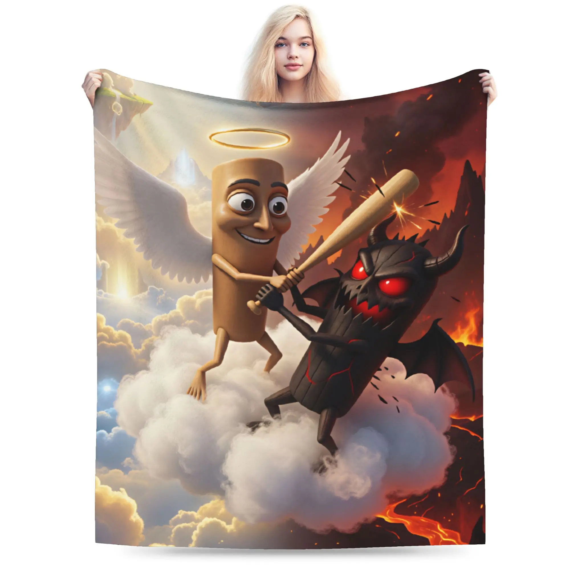 Tung Tung Sahur Angel vs Demon Heaven Hell Funny Meme Blanket Winter Soft Throw Blanket For Boy Living Room Flannel Bedspread