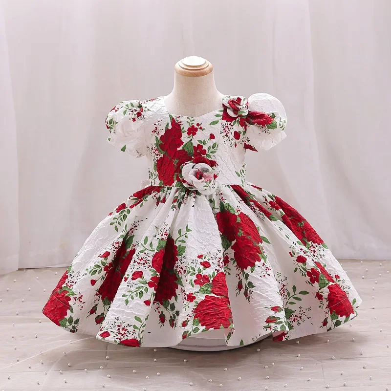 3-10 Year Old Girl Princess Dress Elegant Print Birthday Party Evening Dress Wedding Bridesmaid Little Flying Sleeve Rose Dress