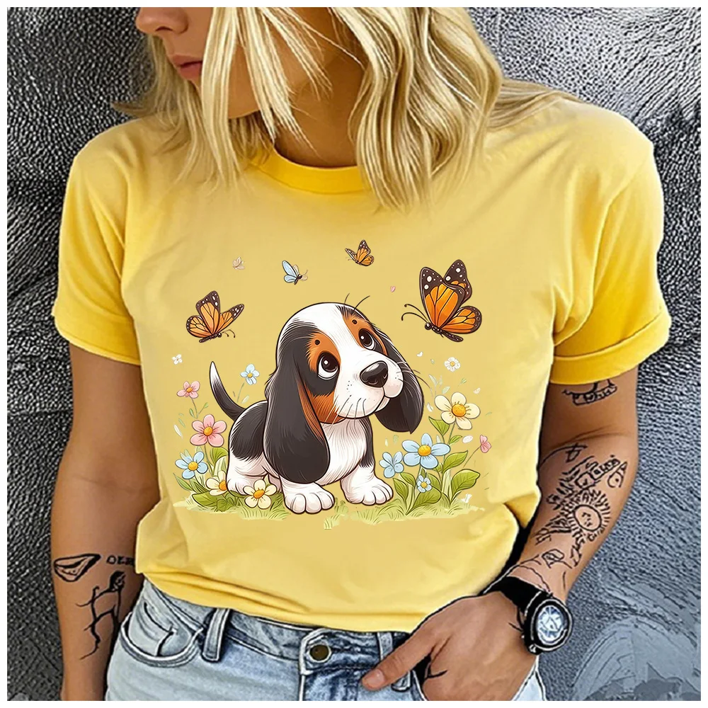 Cotton100% Women Cute Basset Hound Dog Butterfly Floral Print T‑Shirt Short Sleeve Round Neck Casual Ladies Animal Tee Tops