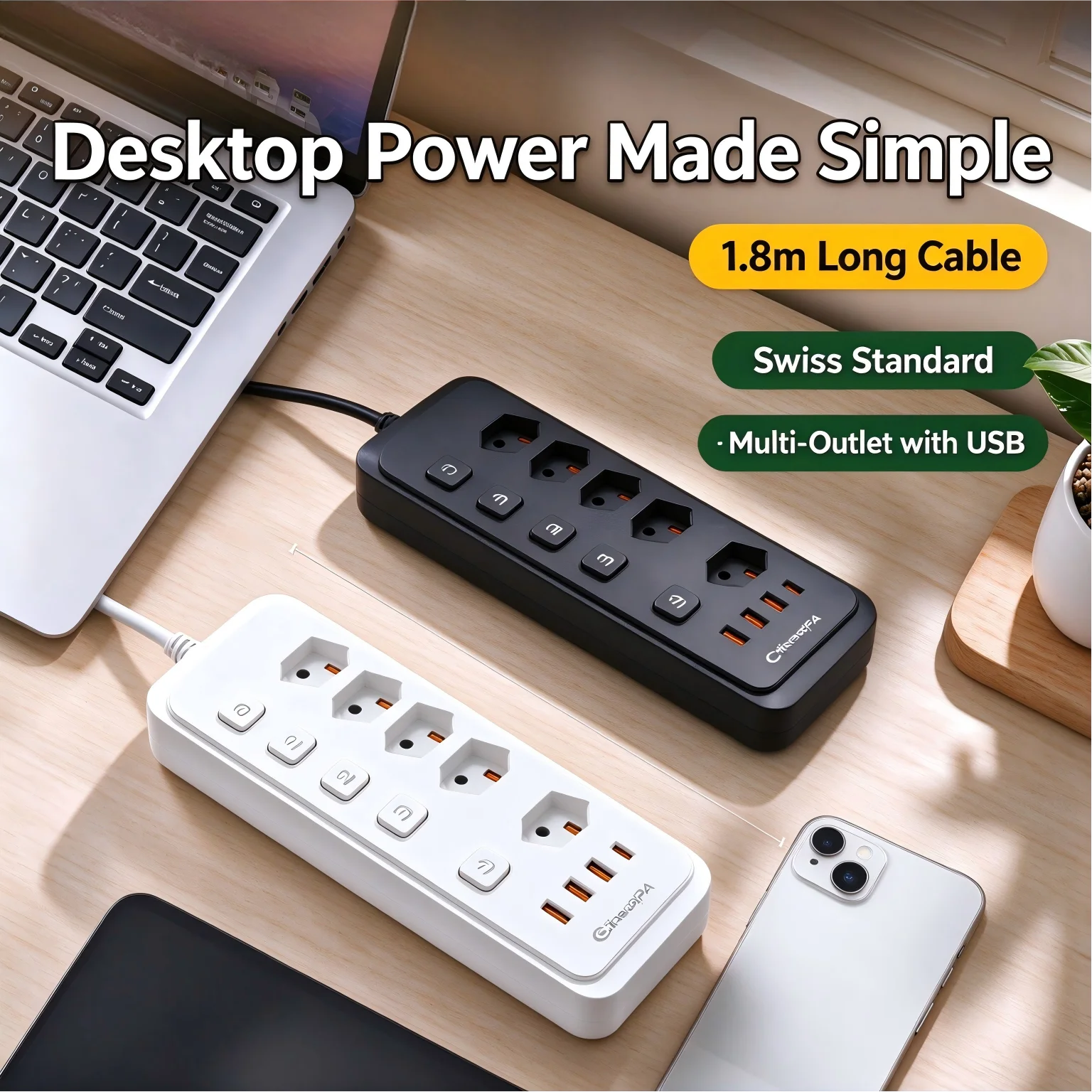 Swiss Standard Power Strip Individual Switches Multi Outlets with USB Ports 1.8m Long Cable Desktop Extension Socket