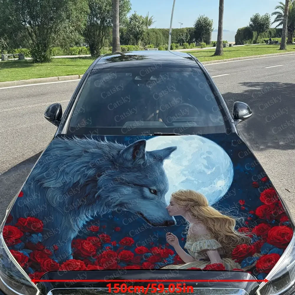 Night Moon Red Rose Princess And Wolf Car Hood Stickers, Waterproof Car Vinyl Packaging Suitable For Most Vehicles, Car Hood Pro