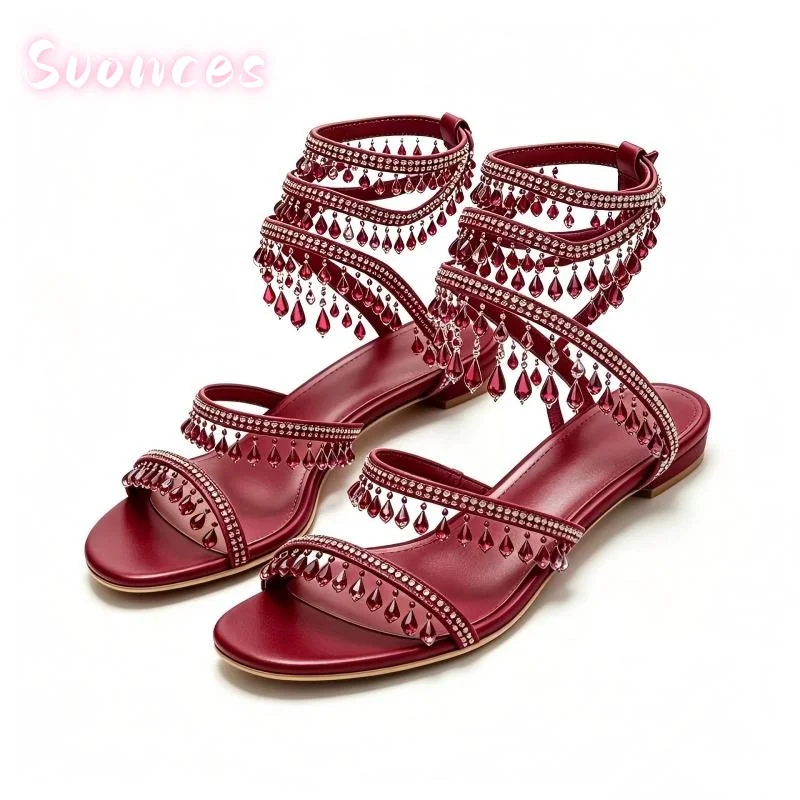 Rhinestone Multi Wrap Ankle Bands Sandals Open Square Toe Flat Teardrop Crystal Fringe Low Flat Base Leisure Daily Shoes