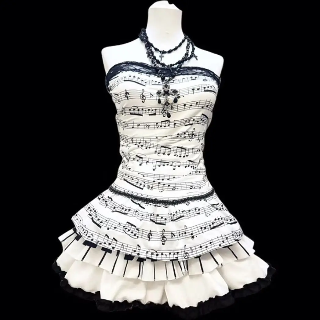 Punk Rock Y2k Strapless Lace Layered Ruffle Mini Dress Women Music Note Piano Keys Cake Print Dress Party Female Summer Clothes