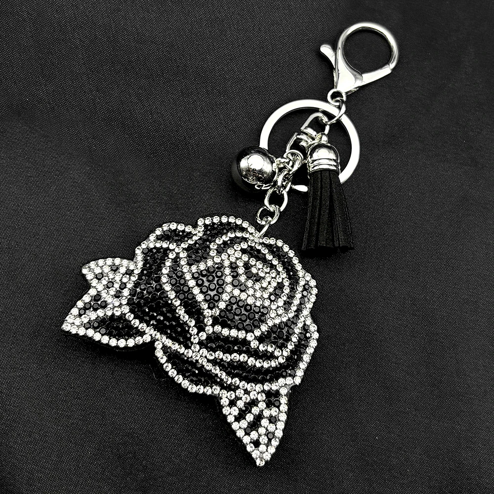 Black Rose Flower Goth Keychain For Women Girls Full Rhinestone Crystal Tassel Charm Purse Bag Pendant Female Keyring Jewelry