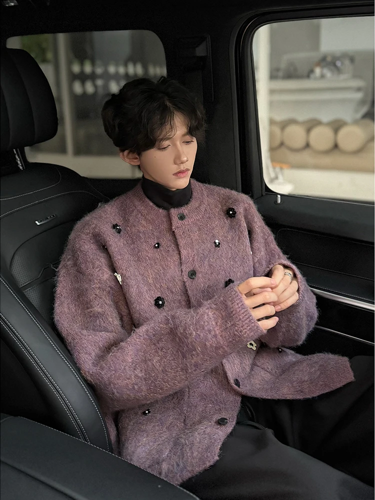 

Вязаный кардиган ручной работы для мужчин: зимний, повседневный, с жемчужной отделкой, мягкий, удобный, средней длины