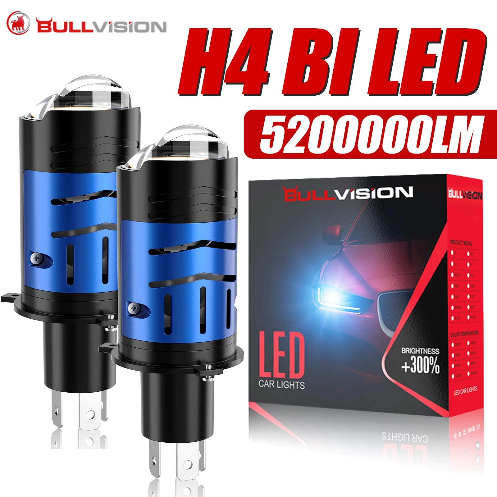 Bullvision H4 LED Headlight Bulb Projector Lens Canbus Super Bright LED 5200W 5200000LM 6000K Hi/Low Light Car&Motorcycle 12V