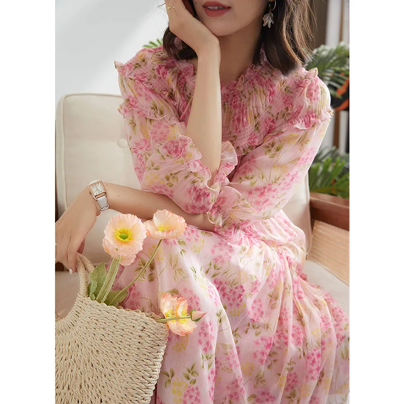 BirdTree, 100%Real Silk Elegant Dresses, Women Puff Sleeve Floral Lace-up, Sweet Vacation Party Dress, 2024 Summer New D45709QC