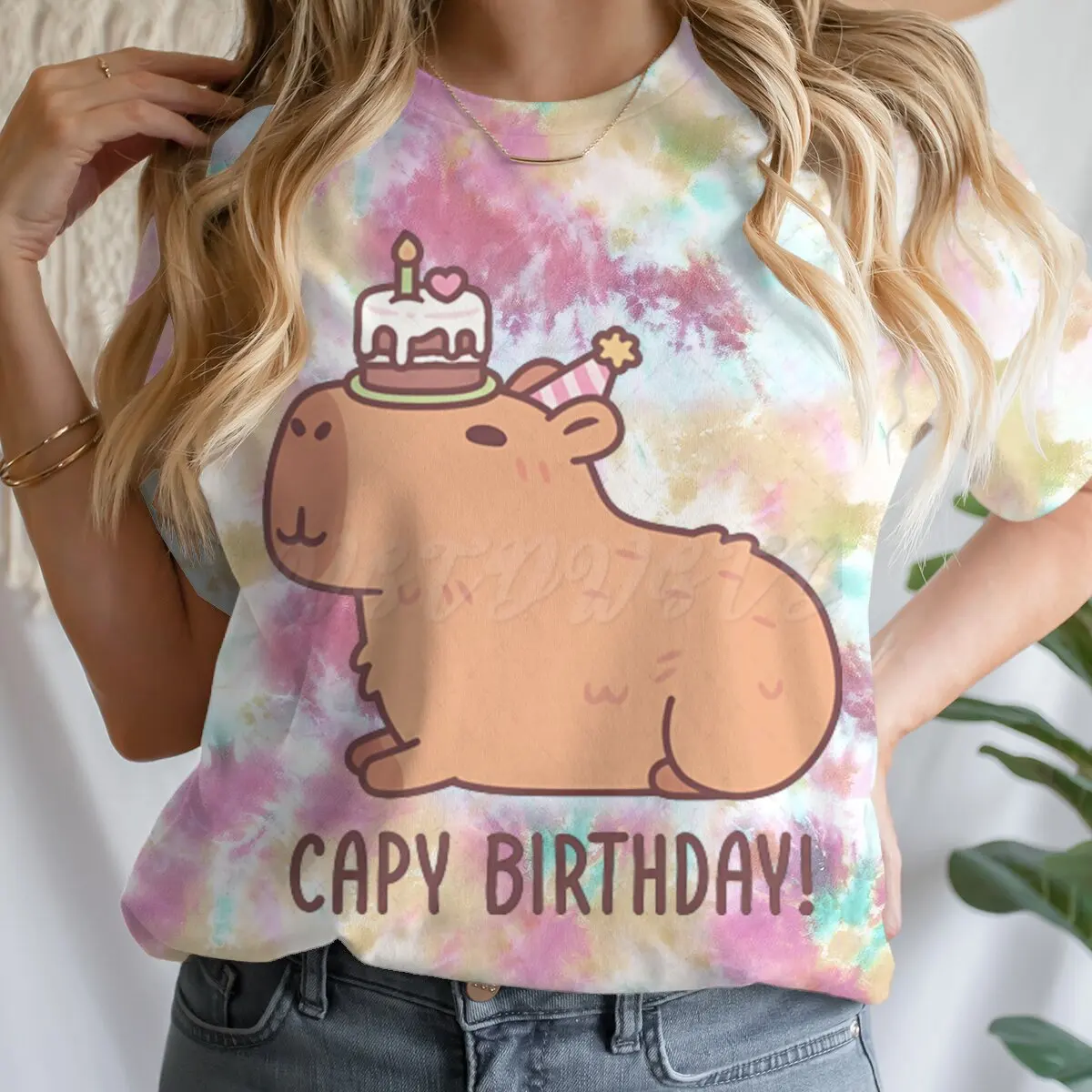 

Милые футболки с изображением капибары с тортами, женские модные повседневные топы на день рождения, подарок на день рождения для любителей капибары, забавные футболки