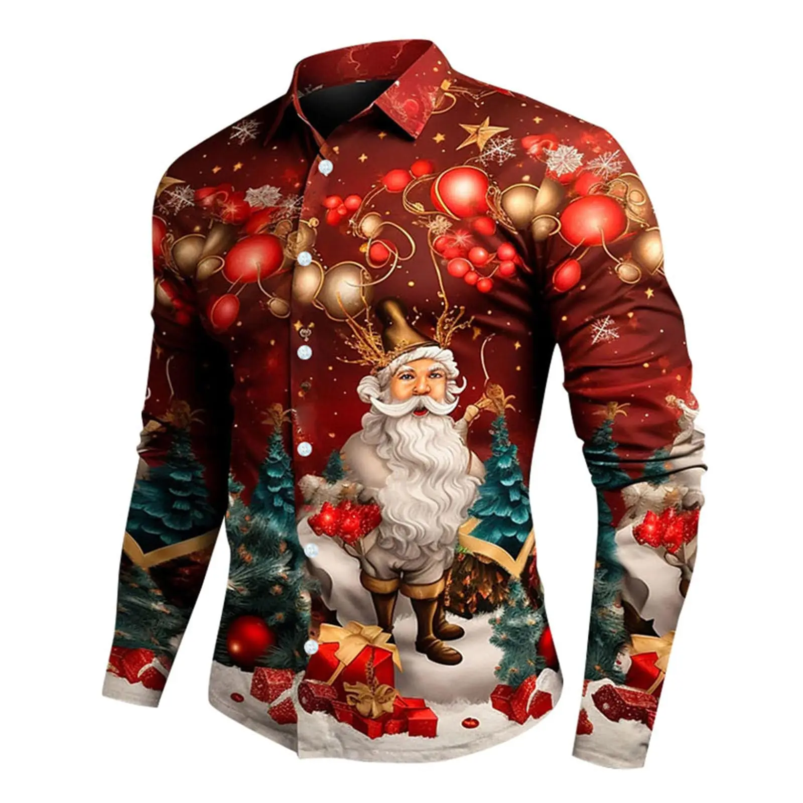 2025 New Men's 3D Christmas Fashion Printed Single Breasted Long Sleeve Shirt Men's Loose Lapels Long Sleeve Clothes Casual Tops