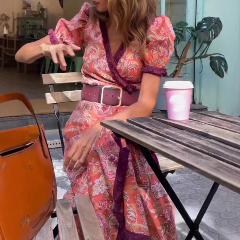 Abito da festa Boho patchwork con stampa di moda Abito casual a maniche corte a vita alta Abiti da donna Abito lungo con temperamento sexy con scollo a V estivo