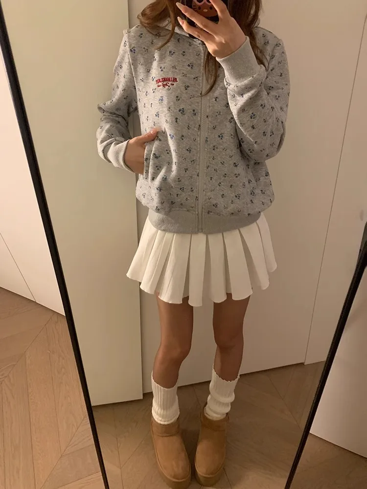 アメリカンレトロ花柄フード付きジャケット女性特大カレッジカーディガンスウェットシャツ秋冬ルーズカジュアル長袖トップ