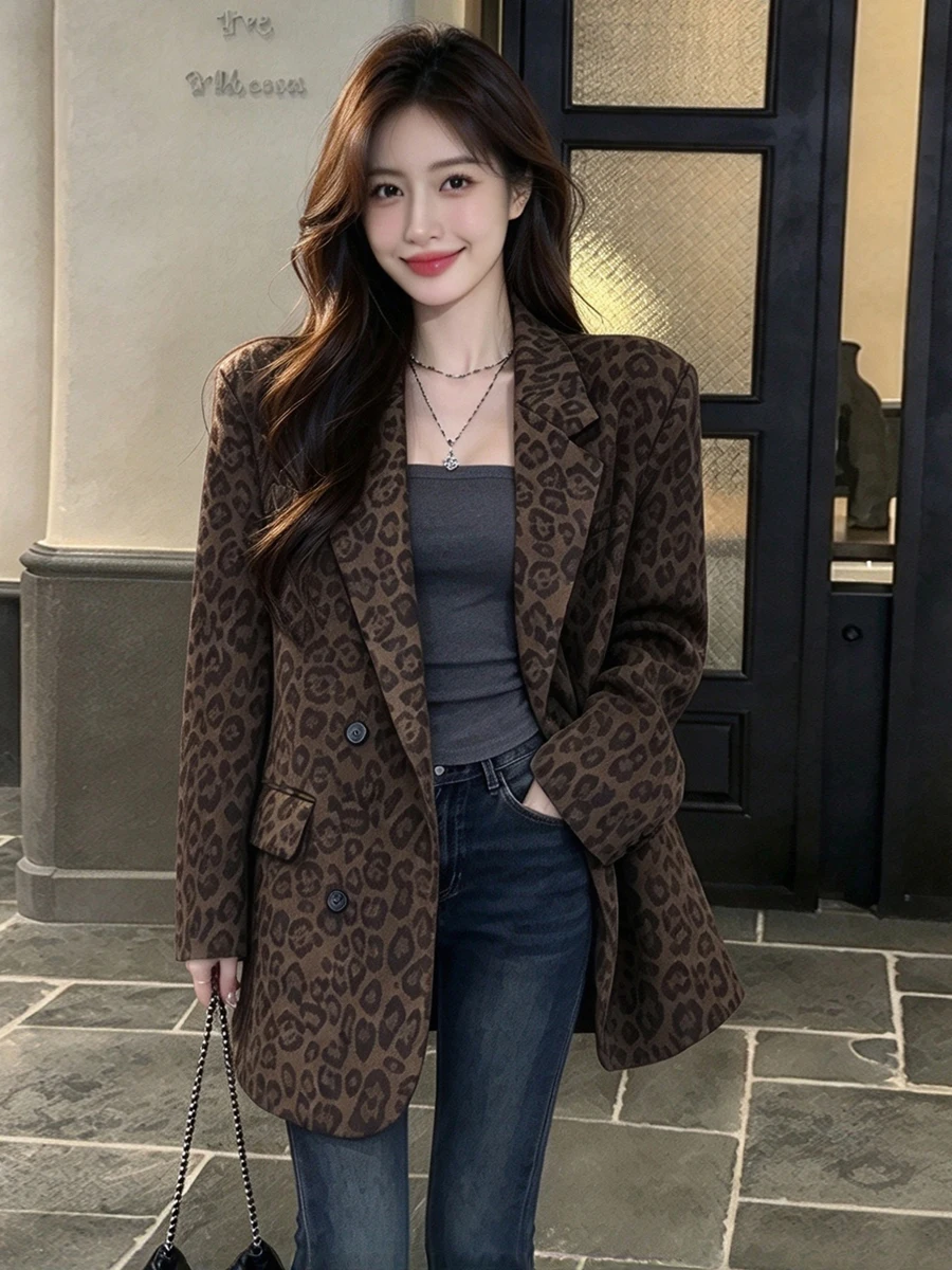 Casual Style Loose Fit Leopard Print Suit Jacket Double Breasted Coffee Color Slimming Effect Hong Kong Style Retro Coat