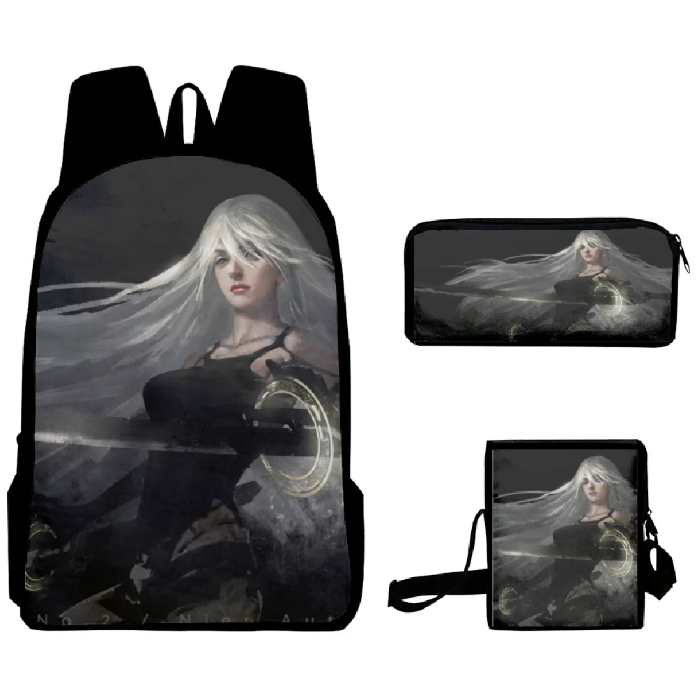 NieR Automata 3D Print Mochila, mochila escolar do aluno, mochila, bolsa de ombro inclinado, estojo, popular, na moda, 3 peças por conjunto