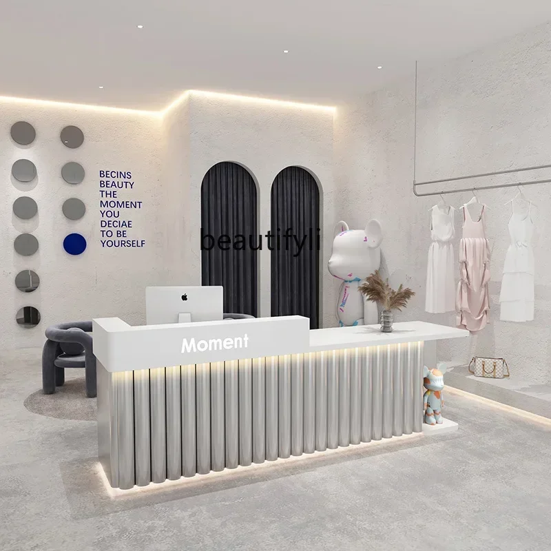 

53V Hair Salon Stainless Steel Bar Counter Simple Modern Clothing Store Cashier Counter Beauty Salon Reception Front Desk