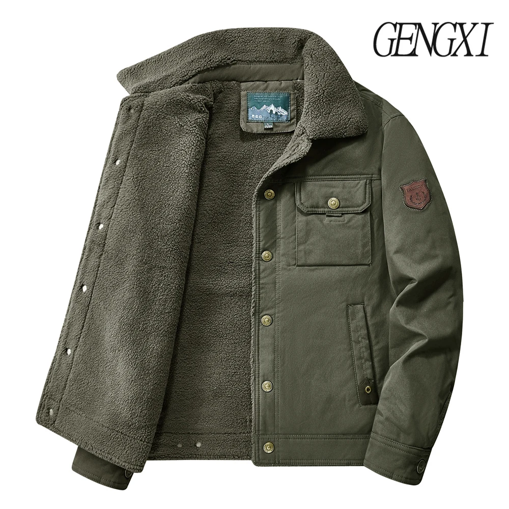 Kedatangan Baru Musim Gugur/Dingin: Jaket Kerja Bordir Huruf Multi-Saku Berlapis Fleece Tebal dengan Kerah Berkerah Tunggal