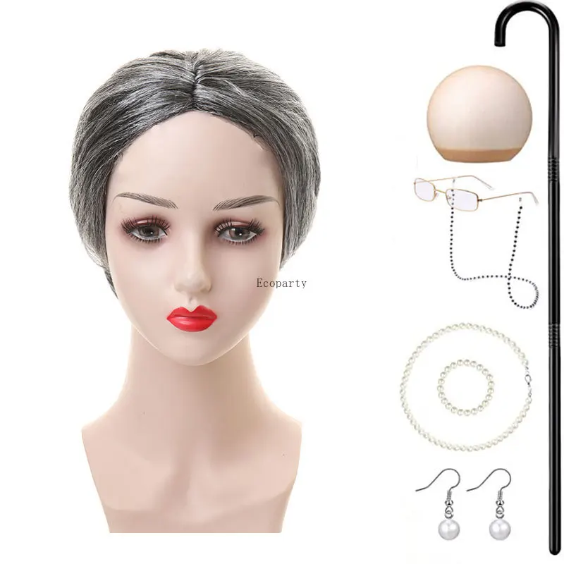 Old Lady Costume Set-Grandmother Wig Wig Caps  Madea Granny Glasses Eyeglass Retainer Chain Pearl Necklace dress up clothes