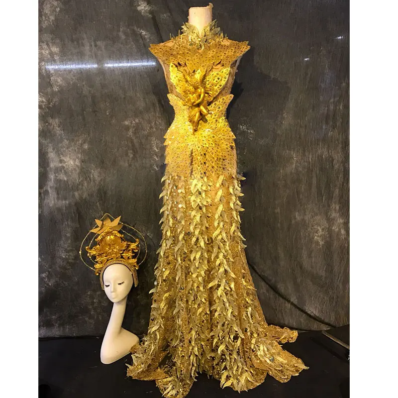 

Women's Celebrate Outfit Sparkly Golden creative dress crystals Sequins Long Dress Nightclub Female Singer Sexy Stage Dress