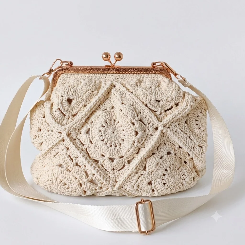 Vintage Granny Square Crochet Crossbody Bag Women Luxury Handmade Knit Shoulder Bag French Style Kiss Lock Purse Evening Clutch